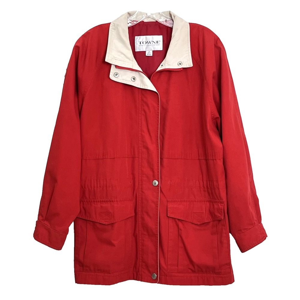 Towne by London Fog Women's Jacket M Red Full Zip Snapsâ Barn Utility Chore Coat